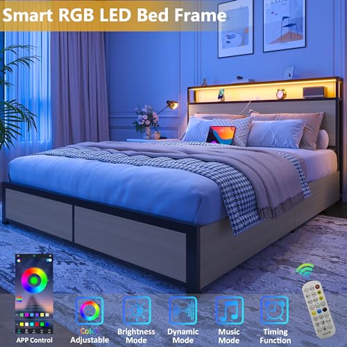 Image of Lifezone Queen Bed Frame with 2-Tier Storage Headboard, Metal Platform Bed Frame with 4 Storage Drawers, Built in Charging Station & LED, Noise-Free /Metal Support /No Box Spring Needed, Beige