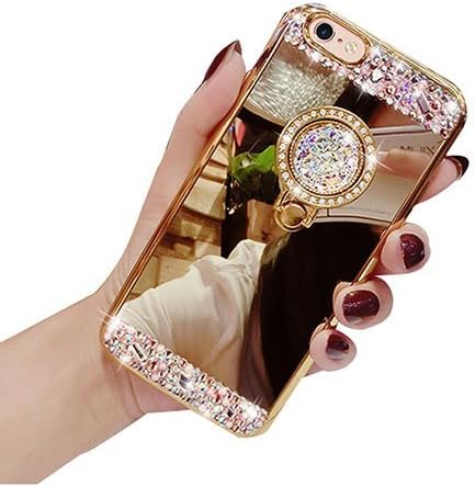 Auroralove iPhone 8 Luxury Rhinestone Makeup Case, iPhone 8 Handmade Bling Diamond Soft TPU Mirror Glass Case for Girls Women with Detachable Ring Stand-Gold