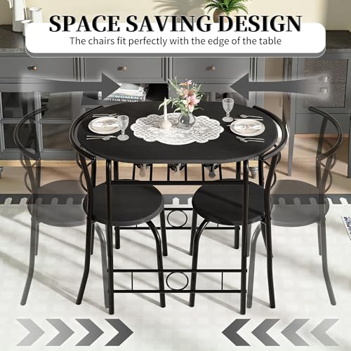 Image of VECELO 3-Piece Dining Table Set for Kitchen Breakfast Nook, Wood Grain Oval Tabletop and Metal Frame with Built-in Wine Rack, for Small Spaces, Black