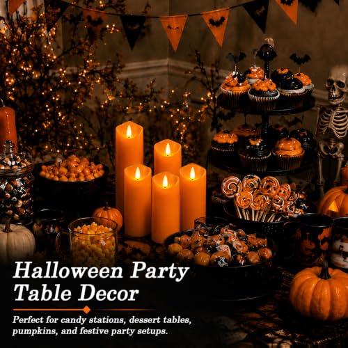 Image of Homemory Orange Halloween Flameless Candles, Remote Timer, 9 Pack | Battery operated LED pillar candles, remote timer, Halloween candles, fall decor, harvest, Thanksgiving, mantel, lanterns