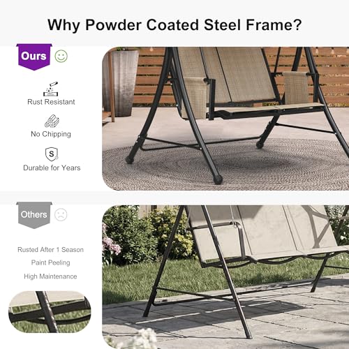 Image of PURPLE LEAF Porch Swing with Adjustable Tilt Canopy 2-Seat Patio Swing with Stand and Metal Steel Frame All-Weather Outdoor Swing Chair Seat Space-Saving for Backyard Garden Deck (Khaki)