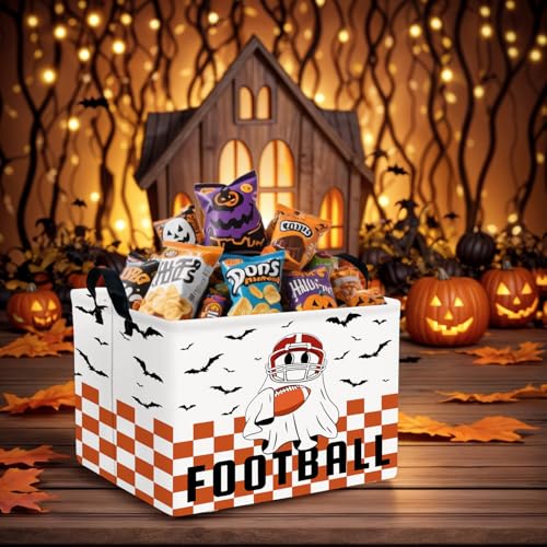 Image of Halloween Basket Gift Cute Ghost Parties Decor Kid Trick or Treat Basket for Boys and Girls Rectangular Storage Bin Box (Football Bat)