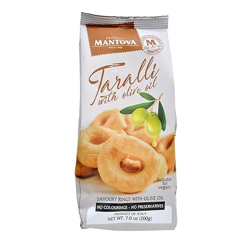 Taralli con aceite de oliva de Puglia, Italia. (Paquete de 2), 7 oz Ingredientes naturales: harina de trigo, vino blanco, aceite de oliva, aceite de