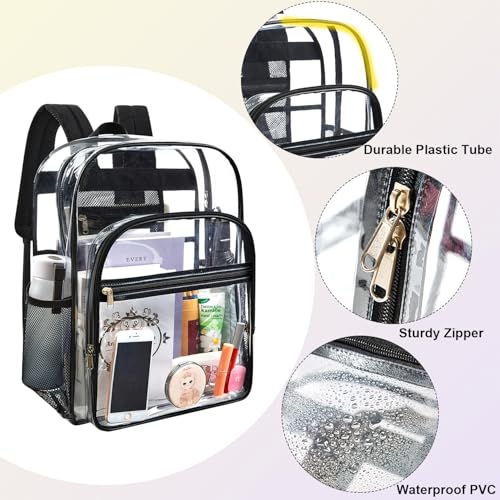 Image of gdbis Clear Backpack Heavy Duty, 17 inch Large PVC Transparent Bag with Reinforced Strap Stitches and Laptop Sleeve See Through Casual Backpack for Work Concert Travel Security - Black