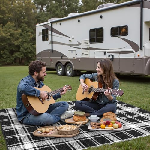 Image of GENIMO Outdoor Rug, Waterproof Plastic Rugs for Patio, 6'x9' Black Plaid | Outside Larger Modern Carpet Mat for Porch Decor, Deck, Balcony, Camping, RV, Backyard, Picnic, Beach, Reversible, Foldable