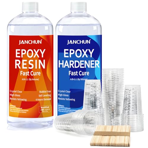 JANCHUN 36 oz Epoxy Kit + 8 oz Graduated Measuring Cup + Stirring Stick, Fast Cure, for DIY Epoxy Fabrication (32OZ+50Pcs Cup +50 Mixing Stic)
