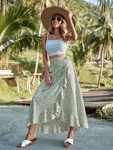 Floral Print Ruffle Waist Maxi Skirt for Women with Side Adjustable Waistband2