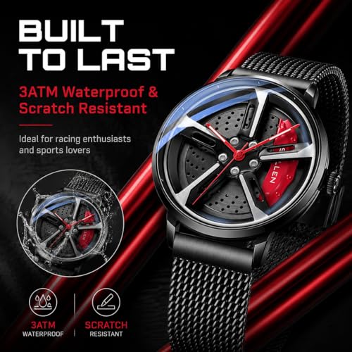 Image of Men's Car Wheel Watches, Stylish Racing Rotating Dial Analog Watches | Japanese Quartz, Luminous Function, 30M Waterproof, 360 Rotating Dial, Casual Luxury Wrist Watch, Gift for Car Enthusiast