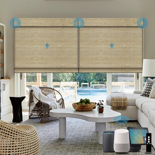 WEFFORT Woven Woods Shades, Motorized Roman Shades, Light Brown, Jute, Smart Automation, HomeKit/Alexa/Google Home Compatible