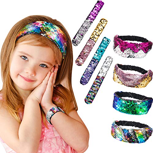 Jovitec 8 Pieces Mermaid Reversible Sequin Headbands Bracelets Sets for Women Girls including 4 Pieces Elastic Stretch Sparkly Sequin Glitter Headbands and 4 Pieces Flip Sequin Snap Bracelet