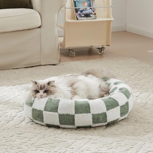 Ohocut Checkered Cat Dog Bed, Cute Sage Green Retro Style Aesthetic Round Warming Pet Calming Beds...