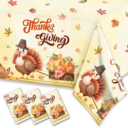3 manteles rectangulares de plástico con temática de Acción de Gracias, diseño de pavo para otoño, suministros de fiesta de Acción de Gracias