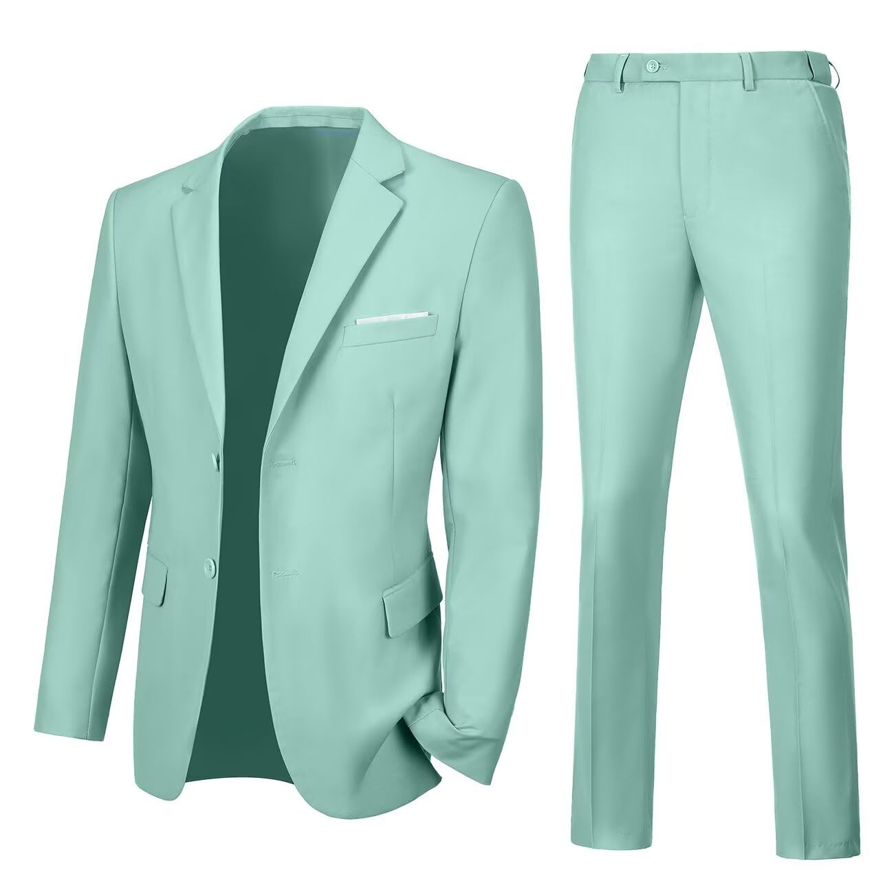 Lynerun Mens Slim Fit 2 Piece Suit Two Button Notched Lapel Solid Suit Jacket Pants Set Tuxedo for Prom, Mint Green, M