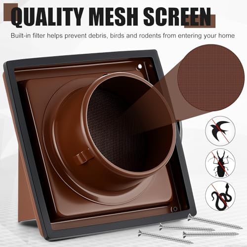 Image of Gisafai 6 Inch Dryer Vent Cover Outdoor with Stainless Steel Screen Brown Wall Dryer Exhaust Vent Cover External Cap Cushioned Non Return Flap with Sealing Gasket Grille, Bird /Insect Proof