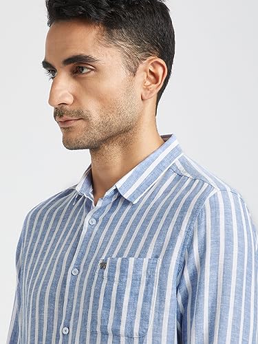 Image of THE BEAR HOUSE Men Blue Vertical Striped Slim Fit Cotton Linen Casual Shirt|TBH-IDI-BL