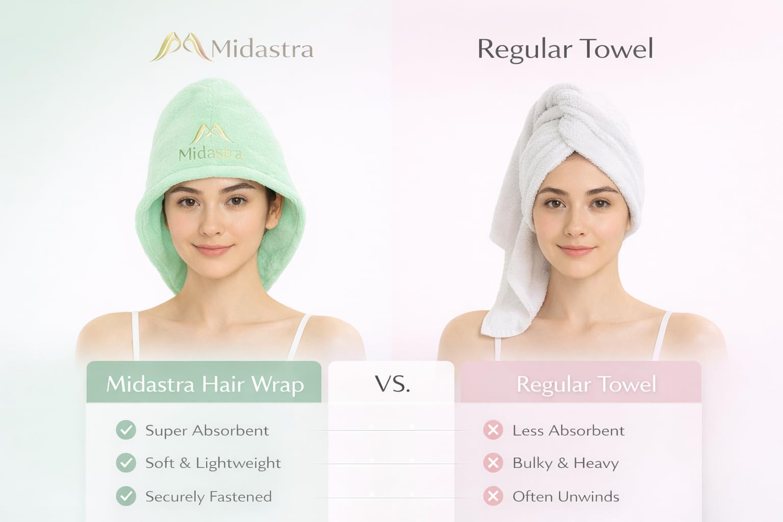 MIDASTRA FASHION Microfiber Hair Wrap Towel 500 GSM, 25 x 65 cm, Pack of 2 (Pink & Pista), Ultra Soft Super Absorbent Quick Dry Hair Turban for Women, Anti Frizz Lightweight Twist Wrap 4