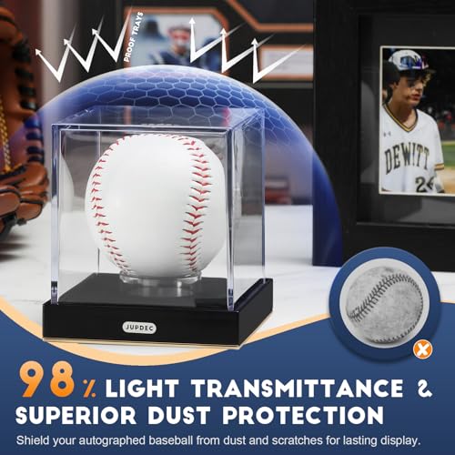 Image of JupDec Baseball Display Case for Single Autograph Ball, Clear Acrylic Cube Baseball Holder with Velvet Interior, UV Protected Stand Box with Durable Base, Ideal Gift for Sports Fans, Gold, 1 Pack