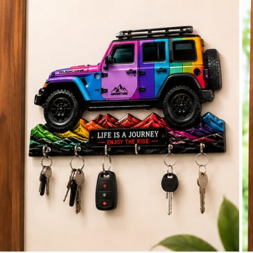 Image of Webelkart Wooden HD UV Multi Printed Mahindra Thar Car Shape Designer Key Holder Home and Office Decor Key Chain Holder for Office Decor,Key Hanger (11 X 6 Inch)