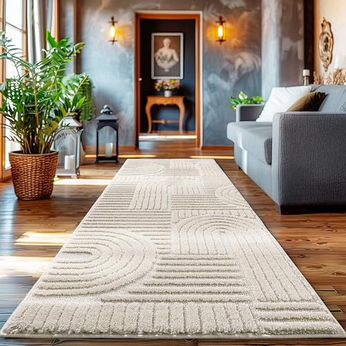 HomebyHome Kurzflor Teppich Läufer 80 x 250 cm Creme Hoch-Tief 3D Effekt Teppich Waschbar, Flauschig und Extra Weich - Skandinavisch Boho Muster Teppich für Wohnzimmer, Schlafzimmer und Küche