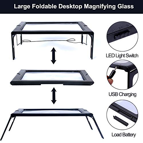 Hands-Free 3X Magnifying Glass Large Full Page Magnifier with LED Lighted, Foldable Desktop Portable Rectangular Reading Magnifier for Low Vision, Seniors with Aging Eyes - Thumbnail 5