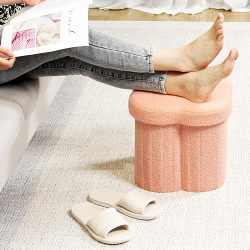 Image of B FSOBEIIALEO Storage Ottoman Cube, Flowers Shaped Ottomans with Storage Foot Stool Footrest for Lving Room, Boucle Ottoman Seat for Dorm Room,Faux Teddy Fur, Orange 12.6 inchx12.6 inchx12.6 inch