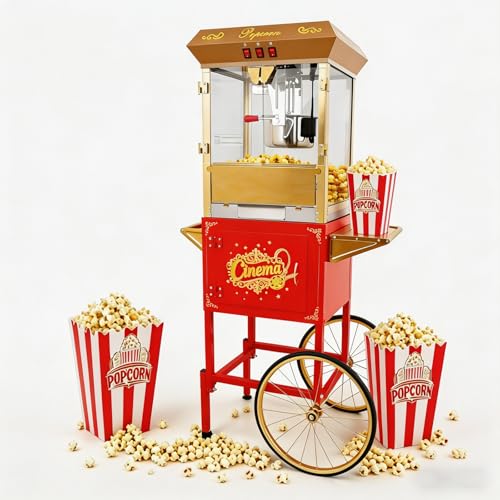 Image of Commercial Popcorn Machine with Cart -16OZ Kettle Popcorn Makers with Heating, 1000W 3-Switch Control & Tempered Glass Doors for Office, Restaurant, Carnival, Schools, Church, Christmas, Red