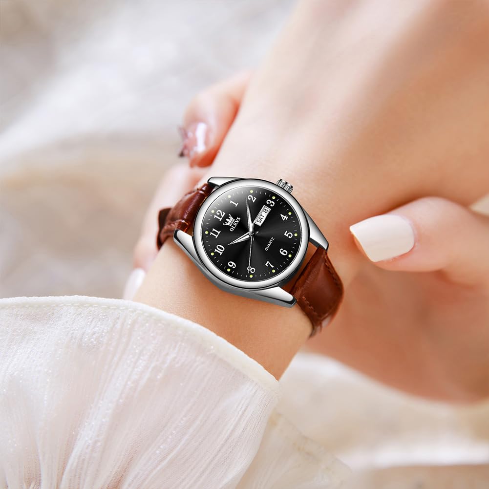 OLEVS Damen-Armbanduhr, Quarz, Lederband, Tag und Datum