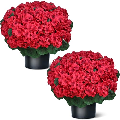 Juxdp 18' Artificial Geraniums Topiary - 2 Set for Front Porch Decor,Faux Silk Flowers Bushes UV Resistant Potted Plants for Outdoor Indoor Door Offices Garden Farmhouse Home Decor (Red)