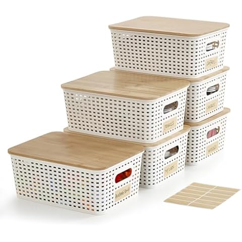 Bagnizer Small Plastic Storage Bins with Bamboo Lids 5.2qt Stackable Box Basket Pantry Decorative Containers Cute with Lable for Organizing Desktop Closet Office Cream White of 6 packs 10*7.2*4.1'’ Cover