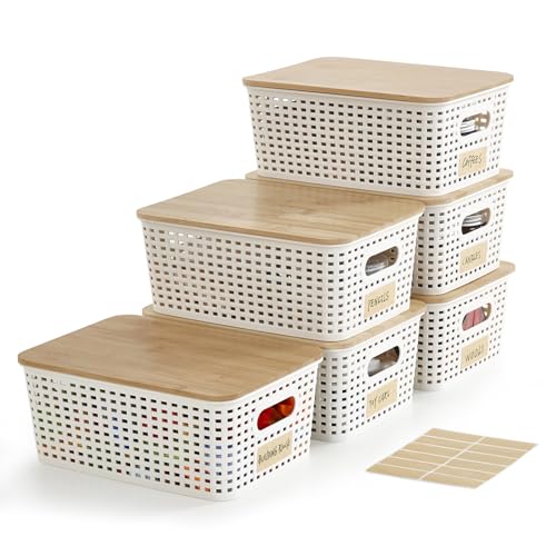 Small Plastic Storage Bins with Bamboo Lids 5.2qt Stackable Box Basket Pantry Decorative Containers Cute with Lable for Organizing Desktop Closet Office Cream White of 6 packs 10*7.2*4.1’’