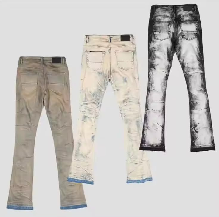 Men's Mid-Rise Jeans, Tie-dye Fitted Flared Pants, Casual Vintage Men's Jeans3