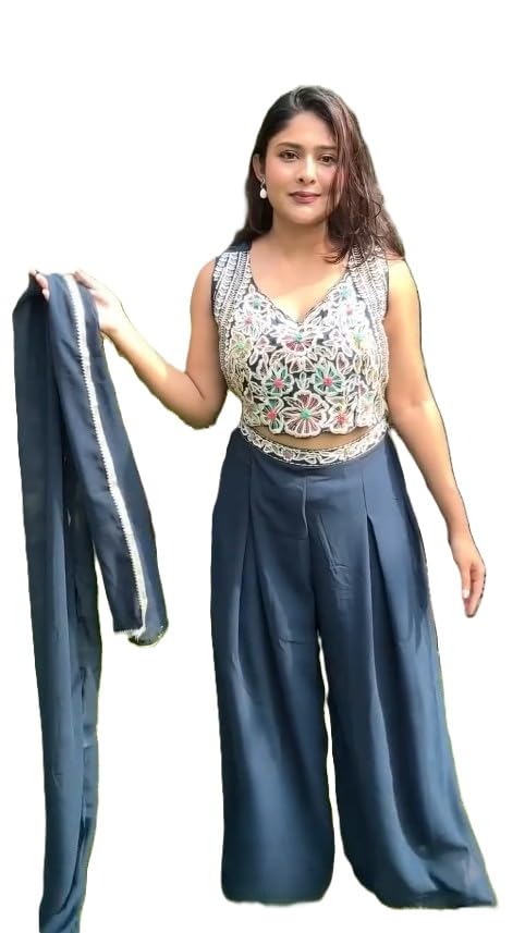 Women's Sleeveless Embroidered Crop Top with Navy Blue Wide Leg Palazzo Pants Set-picture-40