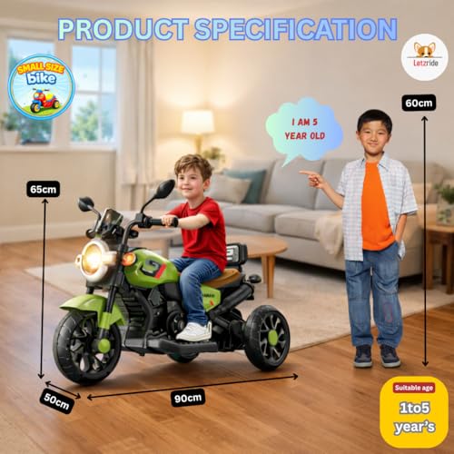 Image of Kids Electric Ride-On Bike with LED Headlight, Music & 3-Wheel Stability, Battery Powered Motorcycle Toy for Boys & Girls (Ages 1-4 Years) (Green)