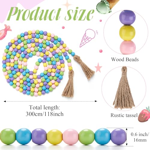 Image of Equsion Wooden Bead Garland with Tassels, Extra Long Fireplace Wood Bead Garlands Rustic Farmhouse Vintage Boho Beads Garland for Party Home Decor Tiered Tray Decorative Beads(Macaron Color)