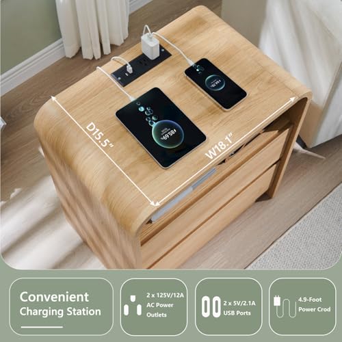 Image of Aitjunz 25 inch Tall Modern Nightstand Set of 2, 23.6'' Wide Wood Bedside Table w /2 Storage Drawers, Charging Station, Mid Century End Table for Bedroom, Living Room,Curved Profile Design, Natural Oak