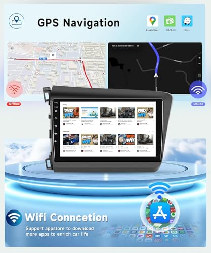 Image of 8 CORE 4G+64G Car Radio Stereo for Honda Civic 2012-2015 with Wireless CarPlay /Android Auto, 9 Inch 1280 * 720P IPS Touch Screen Android 13 GPS WiFi Bluetooth DSP SWC HD Backup Camera
