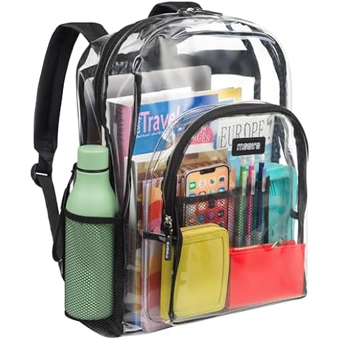 Masirs Heavy Duty Clear Backpack, Stadium Approved Transparent Design, Quick Access at Security Checkpoints, Adjustable Shoulder Straps, Dual Zippered Compartments & Mesh Side Pockets, (16"H x 11"W) Cover