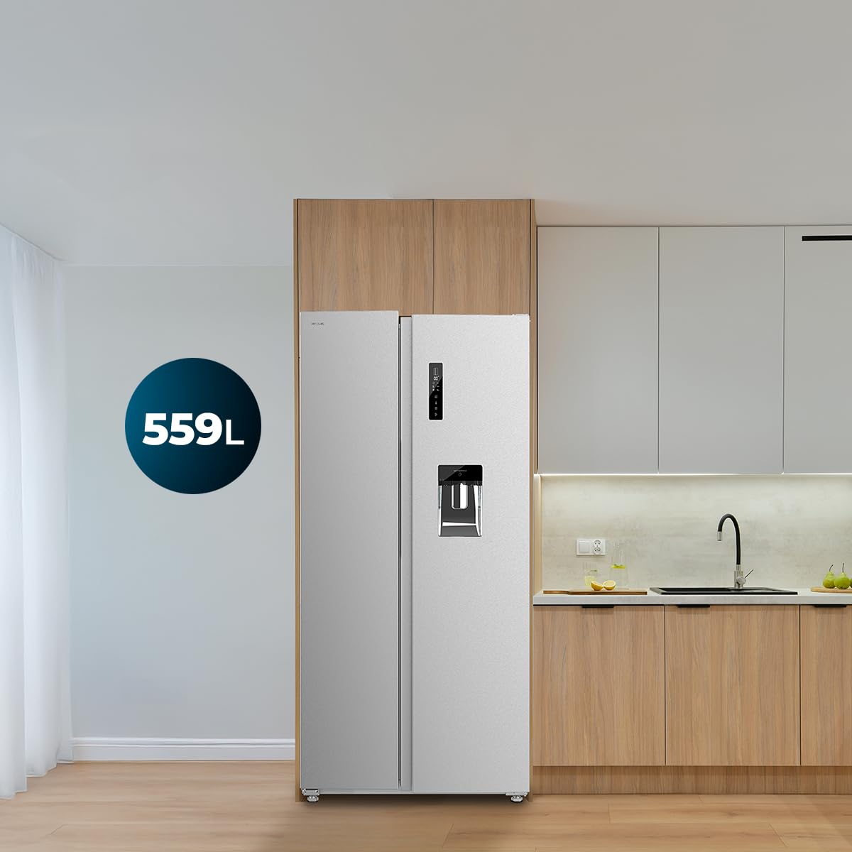 Cecotec Amerikanischer Kühlschrank 559L Total No Frost mit Wasserspender Bolero CoolMarket SBS 559 Inox C. Höhe 177cm und 91cm Breite, Niedriger Verbrauch, Inverter-Kompressor, Smart-Modus