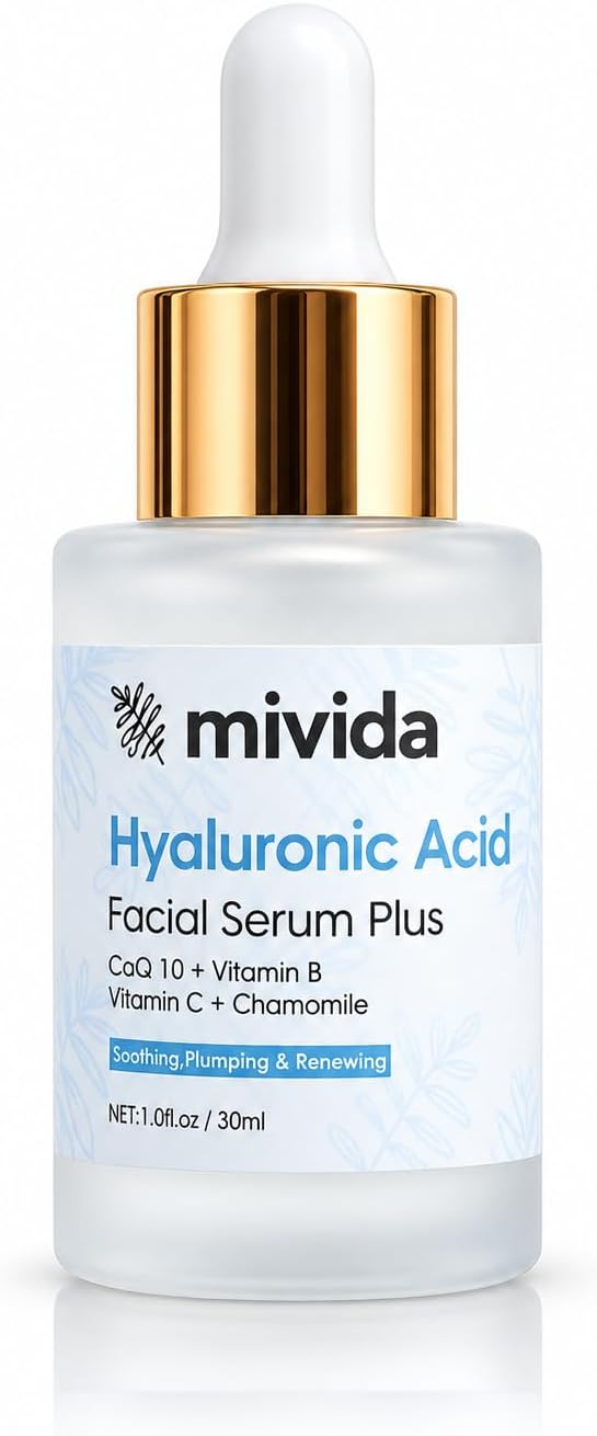 mivida Hydration Powerhouse, Hyaluronic-Acid Face Serum complex enriched With CoQ10, Vit B, C & Chamomile | Sensitive Skin Safe, Unscented, Light Weight, Non Greasy | 1 floz