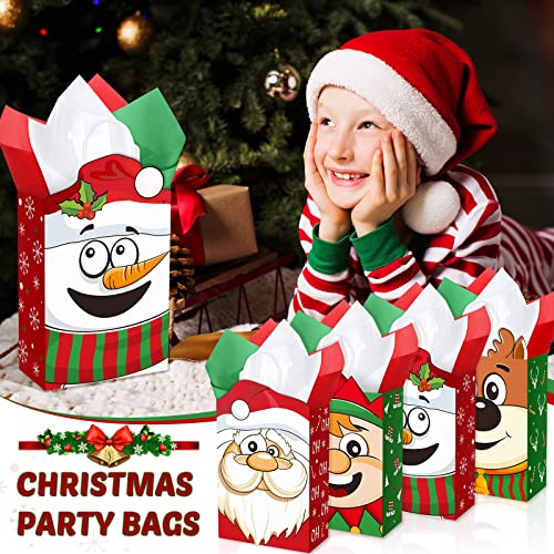 16 Pieces Christmas Gift Bags with Tissue Papers Large Xmas Santa Claus Elf Kraft Goody Gift Paper Bags with Handles Christmas Snowman Reindeer Gift Treat Bags Set for Xmas Holiday Party Supplies