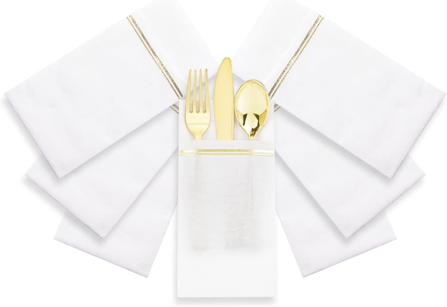 Nervure 100PCS Gold Paper Napkins with Built-in Flatware Pocket - White and Gold Prefolded Cloth Like Disposable Napkins - Heavy-duty Linen-Feel Dinner Napkins for Party & Wedding & Dinner