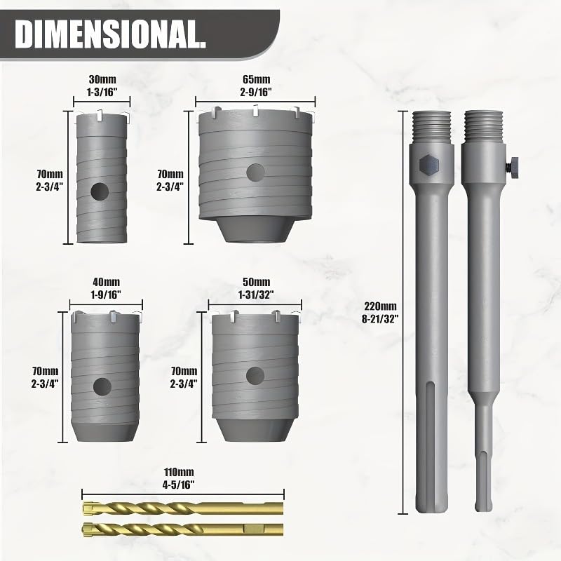 9 Piece Concrete Hole Saw Set with 220mm SDS Plus Handle & Max Handle & 2 Alloy Center Drill Bits & Gift 5X Vacuum Cleaner - for Drilling Holes in Concrete, Cement, Masonry and Walls