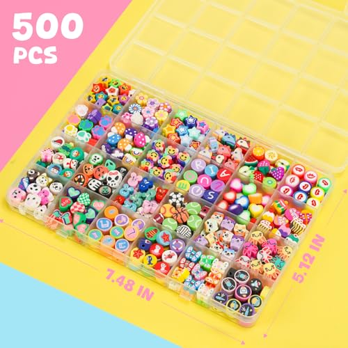 Image of Gionlion 500 Pcs Polymer Clay Beads Bracelet Making Kit，24 Style Animal Fruit Flower Butterfly Bunny Pony Letter Beads Charms for Jewelry Making, DIY Art and Crafts Toys Gifts for 4+ Year Old Kids