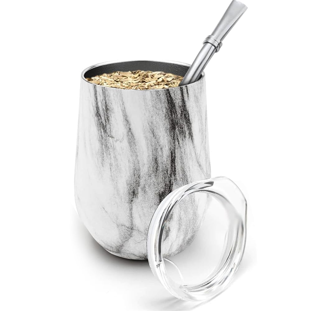 Mate Cup Set, Modern Mate Cup And Bombilla Set, Yerba Mate Set, Includes Bombilla (Yerba Mate Straw), Lid and Cleaning Brush, Double Walled 18/8 Stainless Steel Mate Tea Cup, Easy to Clean (Marble)