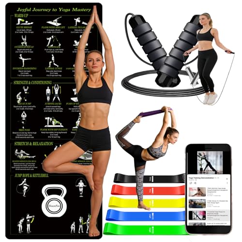 HouzeFun 70x27 Yoga Mat 3.5mm Thick - Non-Slip Exercise Mat with Printed Yoga Poses for Pilates Workout & Stretching - Includes Resistance Bands and Weighted Jump Rope - Home & Gym Use