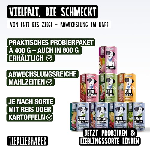 TIERLIEBHABER – Hundefutter Nass 400g Lamm mit Apfel – Von Tierärzten entwickelt – Nassfutter Hund mit 91% Fleischanteil – Dog Food als Hundenassfutter 400g Dosen
