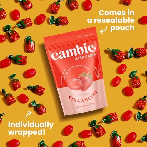 Strawberry Hard Candy Individually Wrapped by Cambie, 2 lbs of Strawberry Candy with a Deliciously Sweet Hard Exterior with a Soft, Fruit-Filled Center - 3