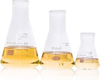 Scientific Narrow-Mouth Glass Erlenmeyer Flask Set, 3 Sizes 50ml 150ml 250ml, 3.3 Boro with Printed Graduation, UEF1001