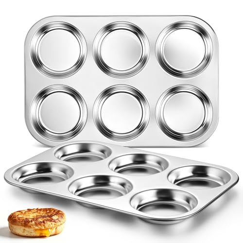 TeamFar Muffin Top Pan 2 PCS 6 Cavity Stainless Steel Shallow Cupcake Pan