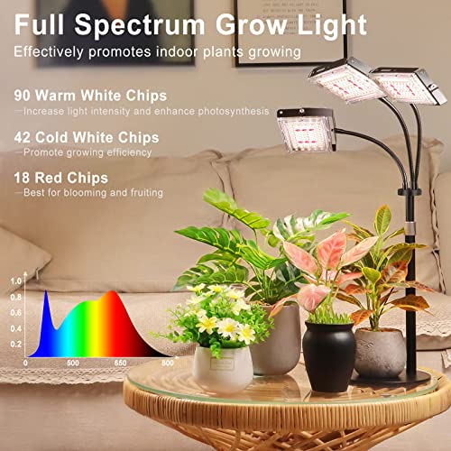 LBW Plant Grow Light, Full Spectrum Tri-Head Desk Plant Light for Indoor Plants, Growing Lamp with 3H/6H/12H Timer, 6-Level Brightness, 3 Lighting Modes, Height Adjustable, Ideal for Indoor Growth
